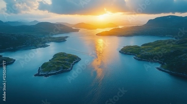 Obraz Serene sunset over a tranquil coastal landscape, with islands reflecting golden hues in the water