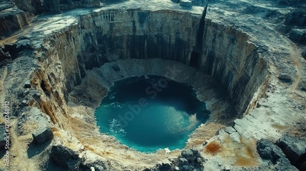 Obraz Aerial view of a deep, circular quarry filled with blue water, surrounded by rocky terrain