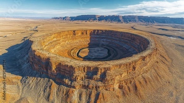 Fototapeta Aerial view of a massive geological formation with layered rock patterns and shadows, showcasing nature's grandeur