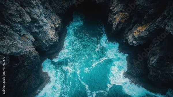 Fototapeta Aerial view of turquoise waves crashing against rugged cliffs in a secluded coastal inlet