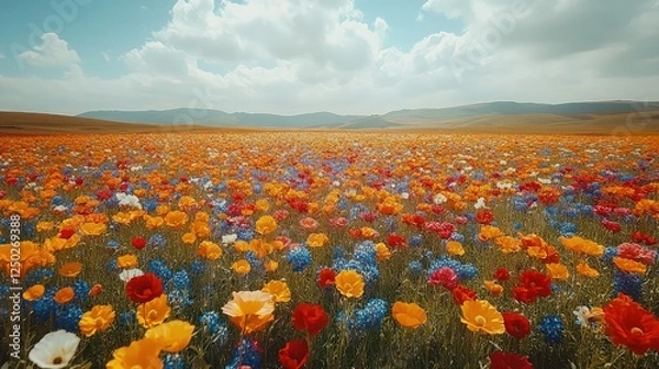 Obraz Vibrant field of wildflowers in full bloom under a bright sky, with distant mountains in the background