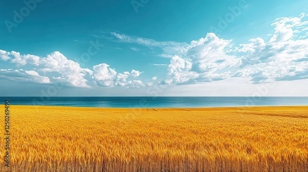 Obraz Golden wheat field under a bright blue sky with fluffy clouds and a serene ocean backdrop