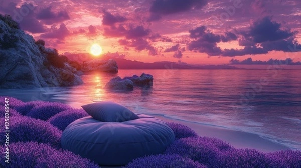 Obraz Serene sunset over a tranquil beach with vibrant purple flowers and a cozy cushion by the shore