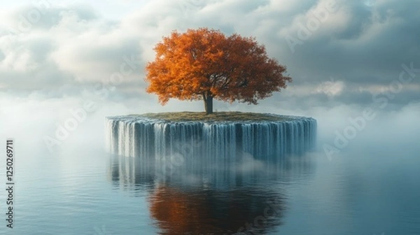 Fototapeta Majestic autumn tree on a floating island with cascading waterfalls and misty background