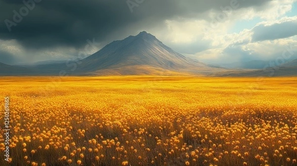 Fototapeta Vibrant yellow flower field under dramatic clouds with a majestic mountain in the background
