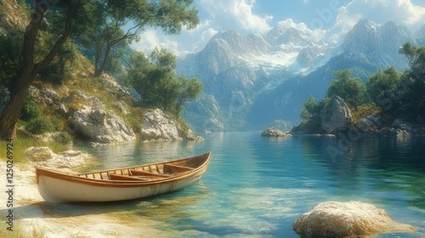 Obraz Serene lake scene with a wooden boat, surrounded by majestic mountains and lush greenery