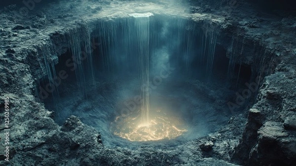 Fototapeta Mysterious cavern with glowing water cascading into a deep abyss surrounded by rocky formations