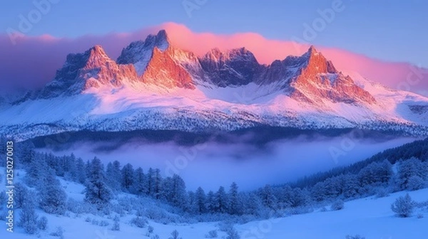Obraz Majestic snow-covered mountains at dawn with vibrant colors and misty valleys in the foreground