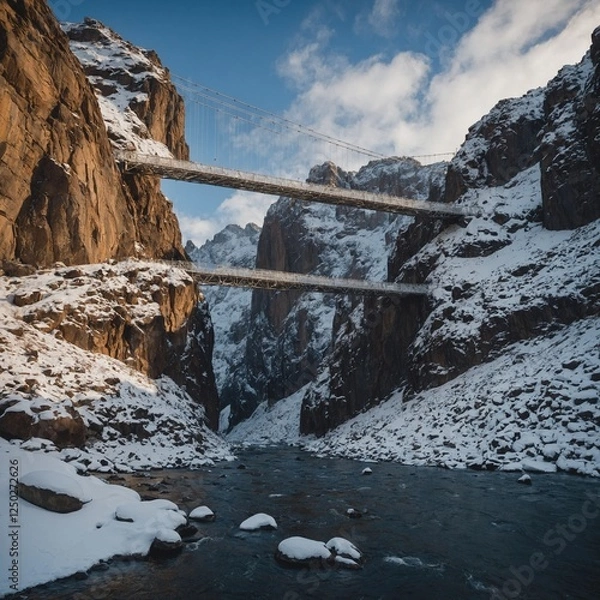 Obraz A narrow suspension bridge covered in snow, stretching between two towering cliffs.