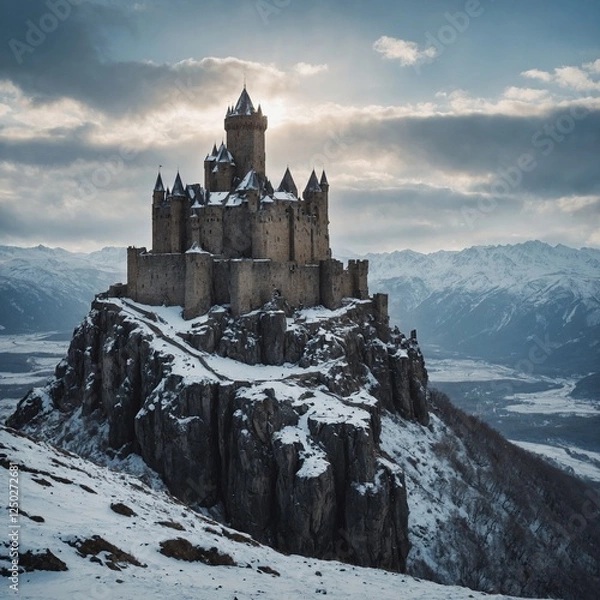 Obraz A medieval castle perched on a snowy mountain ledge, overlooking a vast, frozen valley.