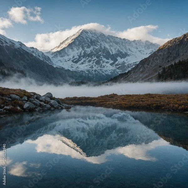 Obraz A serene mountain lake reflecting the snow-capped peaks, with mist rising from the water.