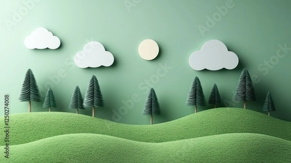 Fototapeta Minimalist 3D Render of Green Landscape with Trees, Clouds and Sun