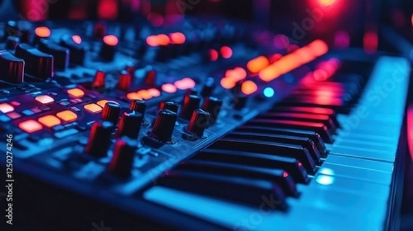 Fototapeta Electronic Symphony: Close-Up of a Synthesizer with Vibrant Neon Lights