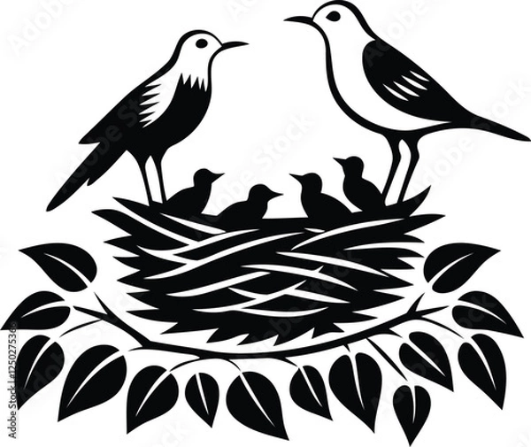 Fototapeta Birds Family sitting on top of a nest vector, birds and baby sitting on top of a nest silhouette and line art vector illustration design