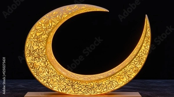 Fototapeta Decorative illuminated crescent sculpture with floral patterns on a dark background