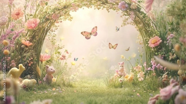 Fototapeta Enchanted meadow with floral archway, butterflies and whimsical plush animals