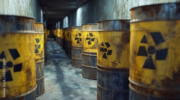 Fototapeta Radioactive Waste Barrels in a Dark, Corrosive Tunnel Environment