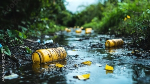 Fototapeta Environmental pollution with plastic waste in river streams and forest area