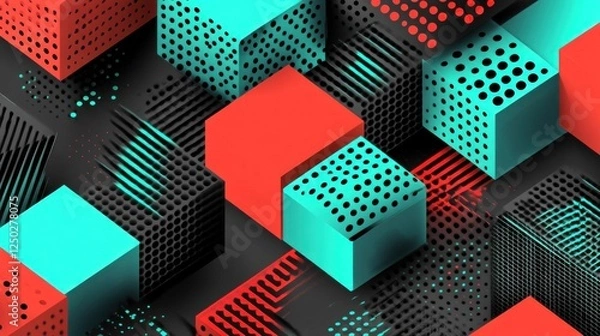Fototapeta Abstract Geometric Composition with Cubes and Dotted Patterns in Bold Colors