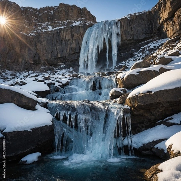 Obraz A frozen waterfall cascading down a rocky mountain face, sparkling in the winter sunlight.