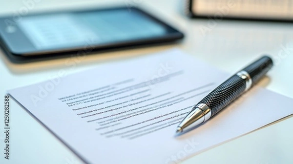 Obraz Close-up of a Pen Resting on a Document and a Tablet