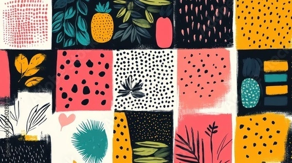Fototapeta Abstract Tropical Pattern with Pineapple, Leaves and Dots, Colorful Design