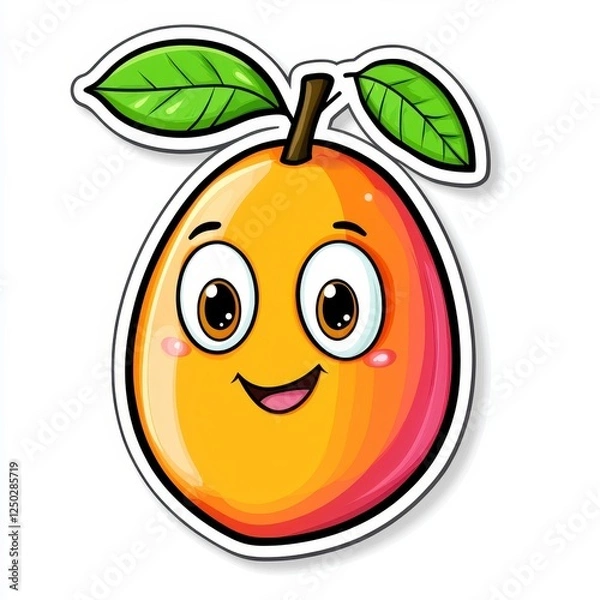 Fototapeta Cute cartoon mango with happy face and green leaves on white background