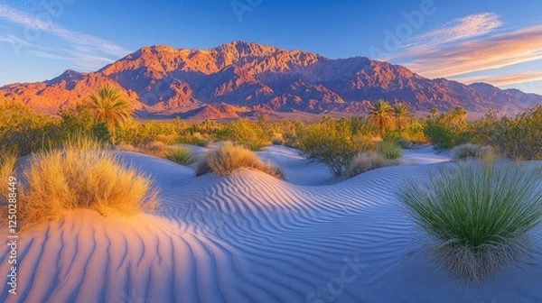 Fototapeta Serene desert landscape showcasing vibrant dunes and mountains under a colorful sunset sky