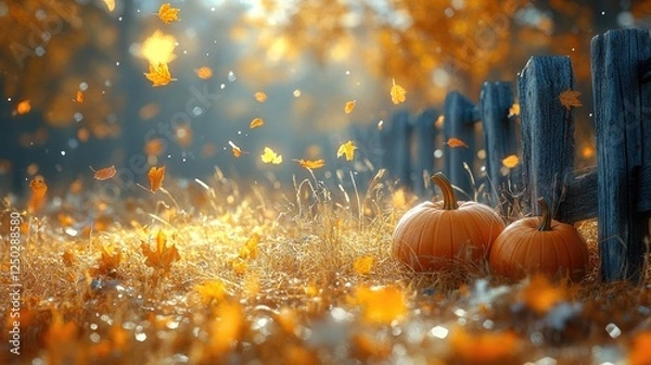 Fototapeta Autumn scene with pumpkins in a field surrounded by falling leaves and a rustic fence