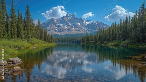 Fototapeta Serene mountain landscape with a reflective lake, surrounded by lush forests and blue skies