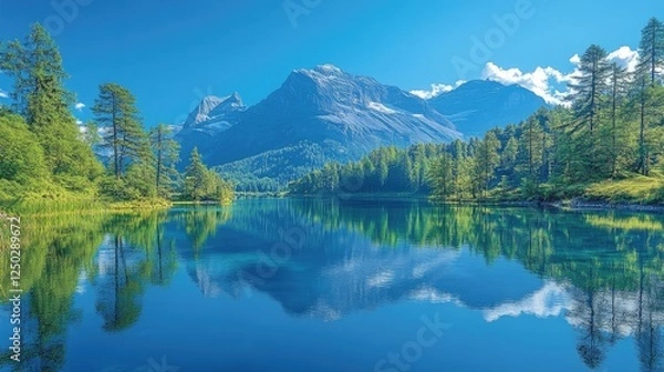 Fototapeta Serene mountain landscape reflecting in a calm lake under a clear blue sky, surrounded by lush greenery