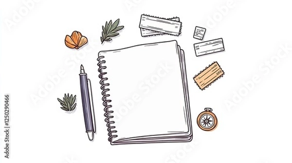 Fototapeta Blank notebook surrounded by travel-themed items including tickets and a compass