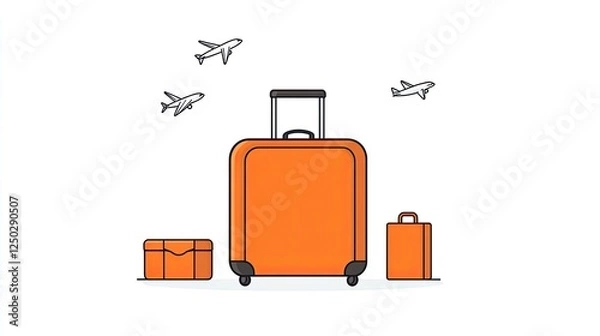 Fototapeta Orange luggage set with various sizes against a backdrop of flying airplanes in a travel theme