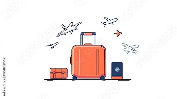 Fototapeta Colorful illustration of travel luggage surrounded by various airplanes in a clear sky
