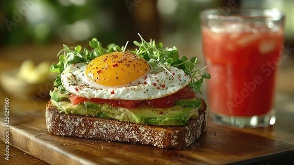 Fototapeta Delicious avocado toast topped with a sunny-side-up egg and microgreens, with a refreshing drink nearby