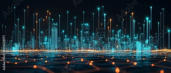 Obraz Futuristic cityscape with glowing data streams.