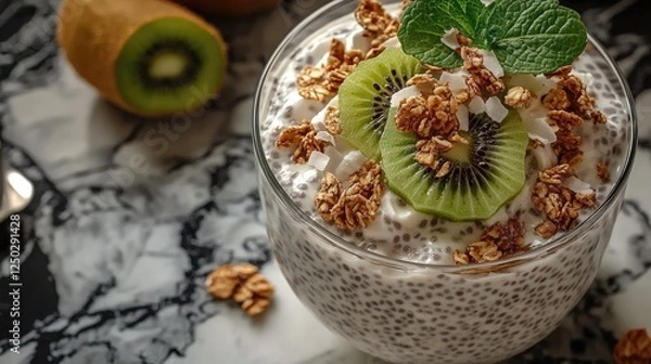 Fototapeta Delicious chia seed pudding topped with kiwi slices and granola, set on a marble background