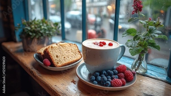 Fototapeta Cozy caf? scene featuring a cup of coffee with berries and cake, rain-soaked street outside