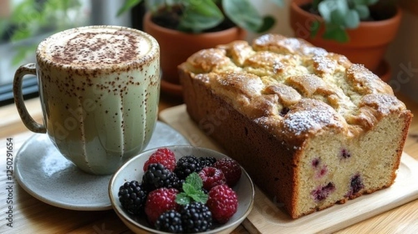 Fototapeta Delicious homemade cake with fresh berries and a frothy beverage on a wooden table near plants