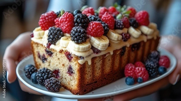 Fototapeta A person holding a delicious berry banana loaf cake topped with fresh fruit and cream