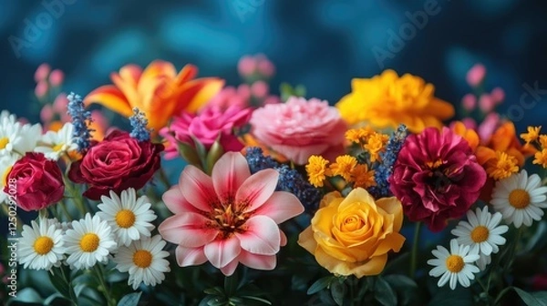 Fototapeta A vibrant arrangement of colorful artificial flowers against a soft blue background