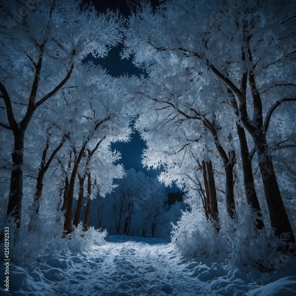 Obraz "A magical winter wonderland with glowing frost-covered trees and sparkling snow under the moonlight."