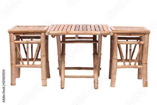 Obraz Natural bamboo folding table with chair  isolated on white background