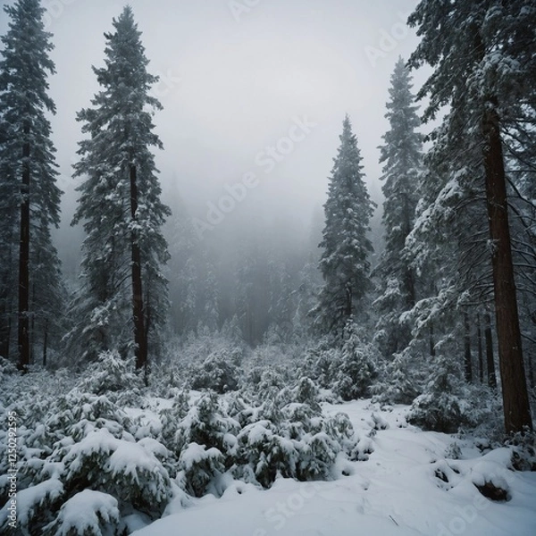 Obraz "A dense evergreen forest blanketed in thick snow, with mist rising in the cold morning air."
