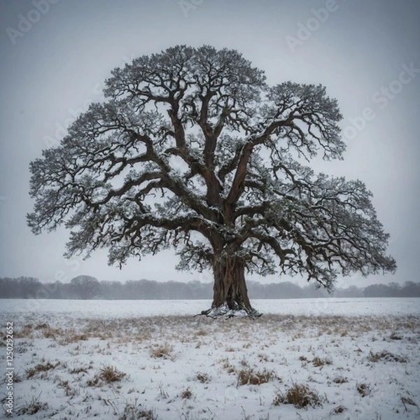 Obraz "A single ancient oak tree, its branches heavy with snow, standing alone in a quiet snowy field."