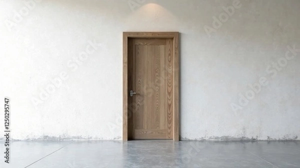 Fototapeta A light wood door set within a simple frame against a textured wall, situated in a minimalistic interior space with a polished concrete floor.