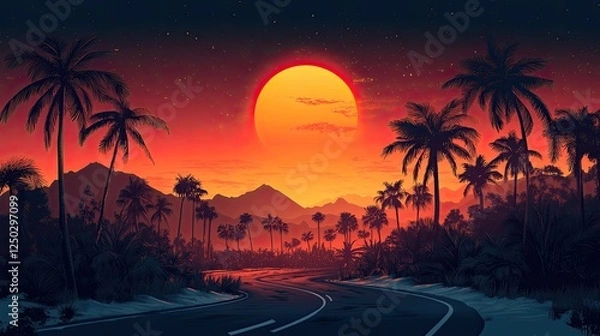 Fototapeta Serene sunset over a winding road framed by palm trees and mountains in the background