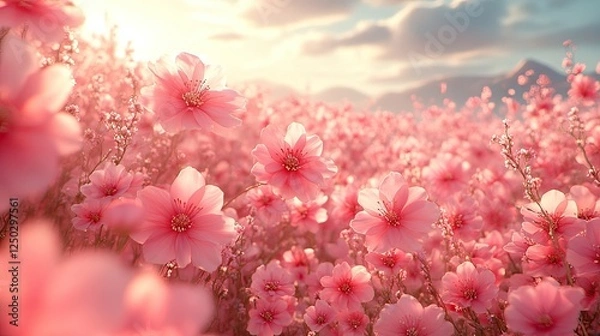 Fototapeta Vibrant pink flowers blooming in a vast field under a warm sunset, with mountains in the background