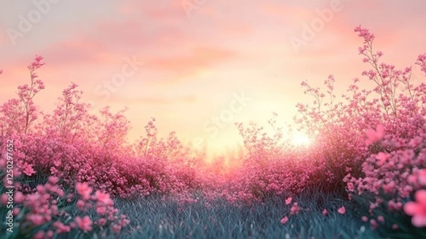 Fototapeta Serene sunset over a blooming field of pink flowers, creating a tranquil atmosphere