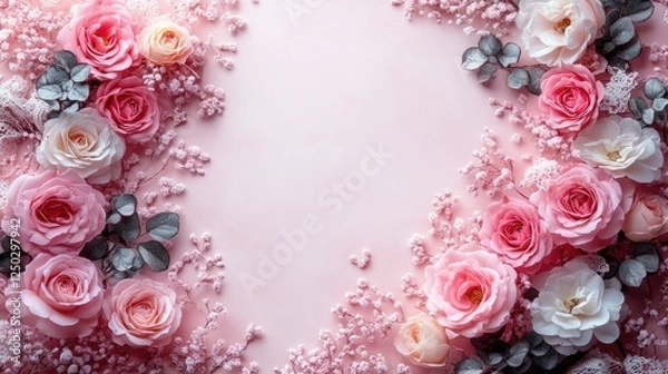 Fototapeta Beautiful arrangement of pink and white roses with greenery on a soft pink background
